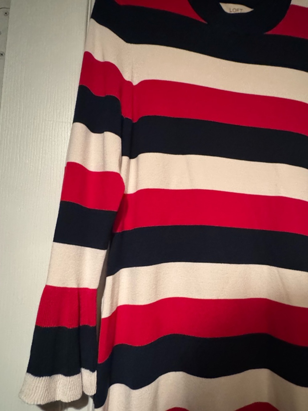 LOFT Sz Large Navy, Red and Off White Striped Sweater Dress w/glitter sleeve hem - Picture 4 of 10